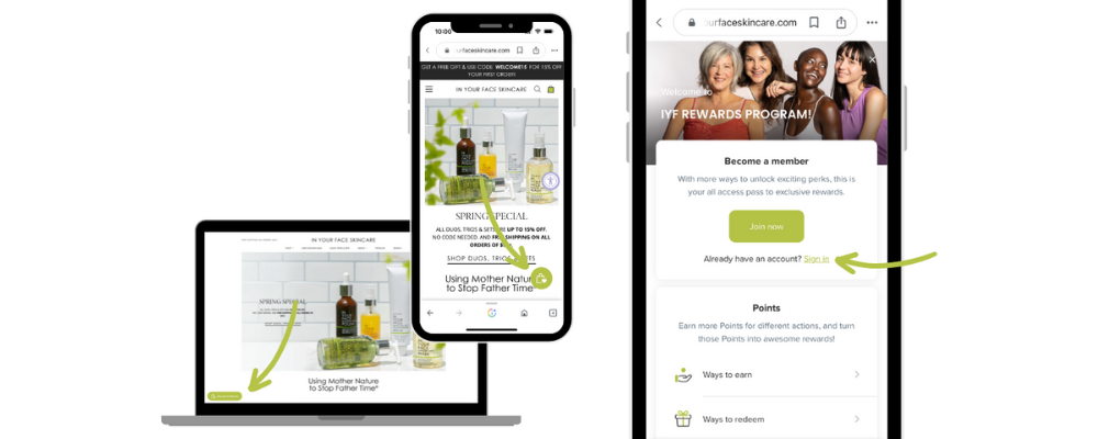 an image of a laptop and a phone pointing to the INYOURFACESKINCARE.COM Rewards icon and showing where it says "Already have an account? Sign In"