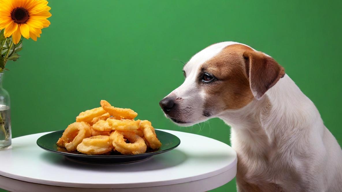 Dog in front of a table with calamari dish, vase with flower and oranges