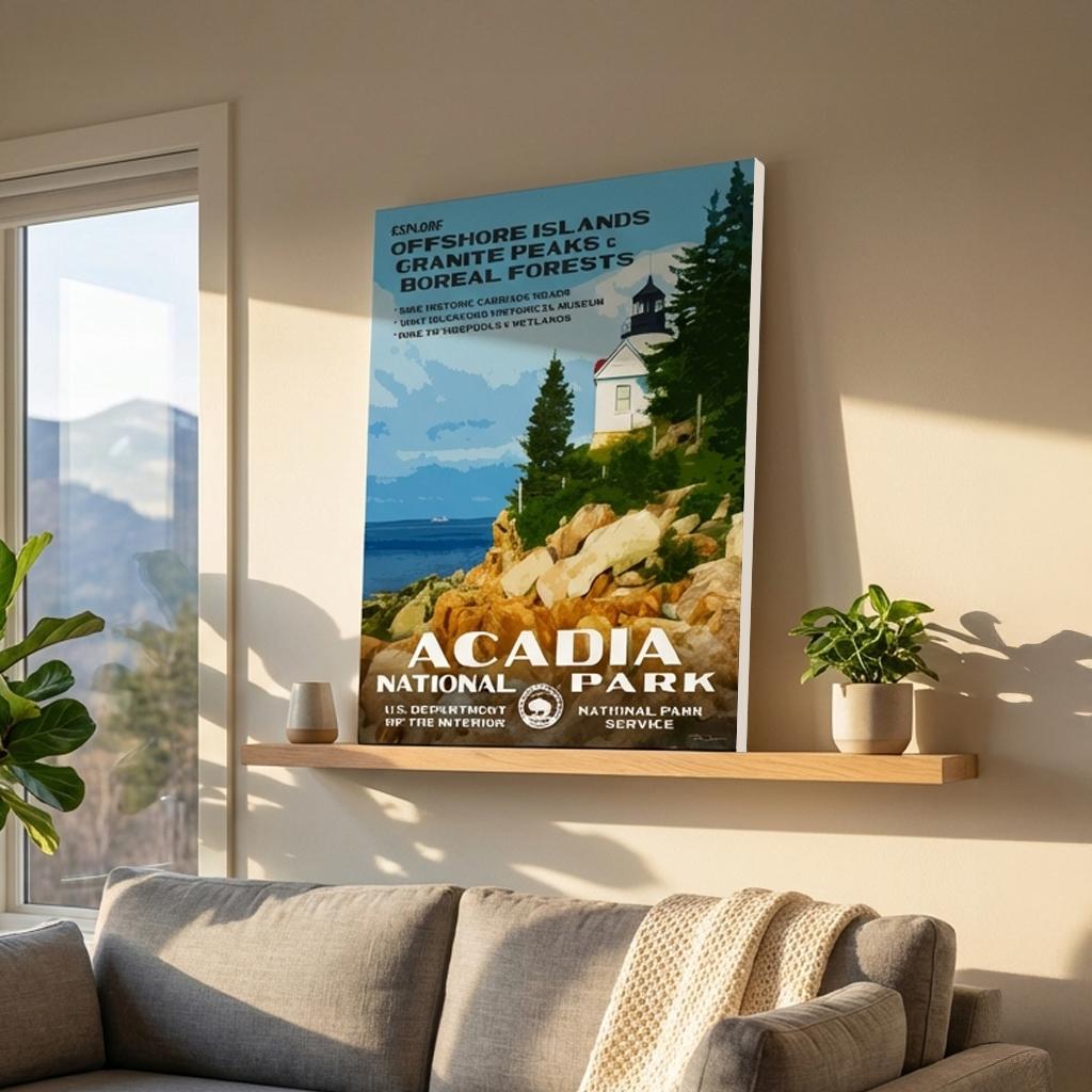 Unframed Acadia National Park canvas print in a living room