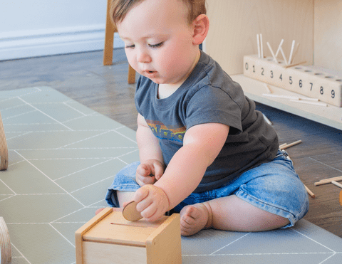 Montessori toys for a one year old, slotted box with coins, Toronto, Canada
