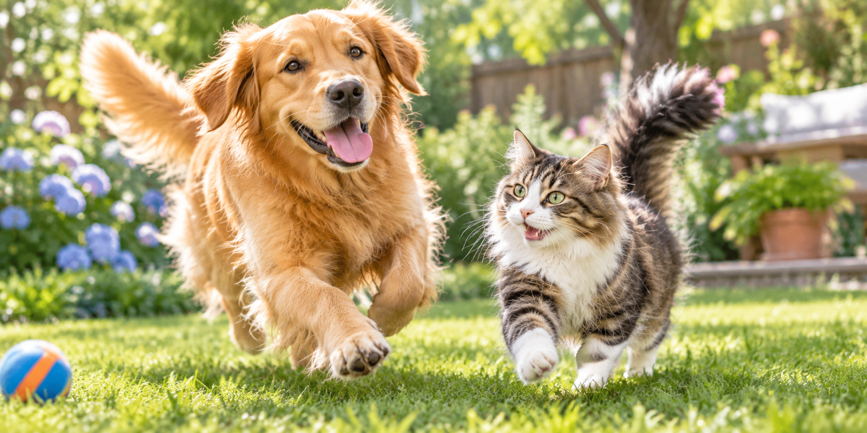 A happy golden retriever and a calico cat sitting together peacefully next to Guardian's Choice wellness products and their respective food bowls.