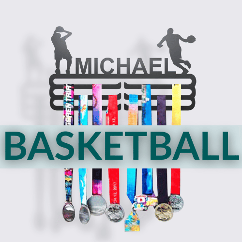 Personalized Basketball Medal Hanger in matte black steel with a custom name — Athlete's Gift Shop
