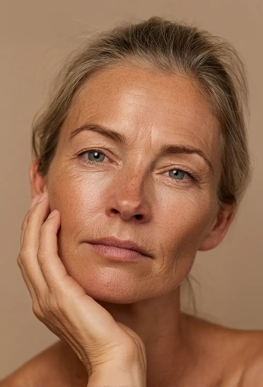 Old woman with aging skin and signs of skin damage