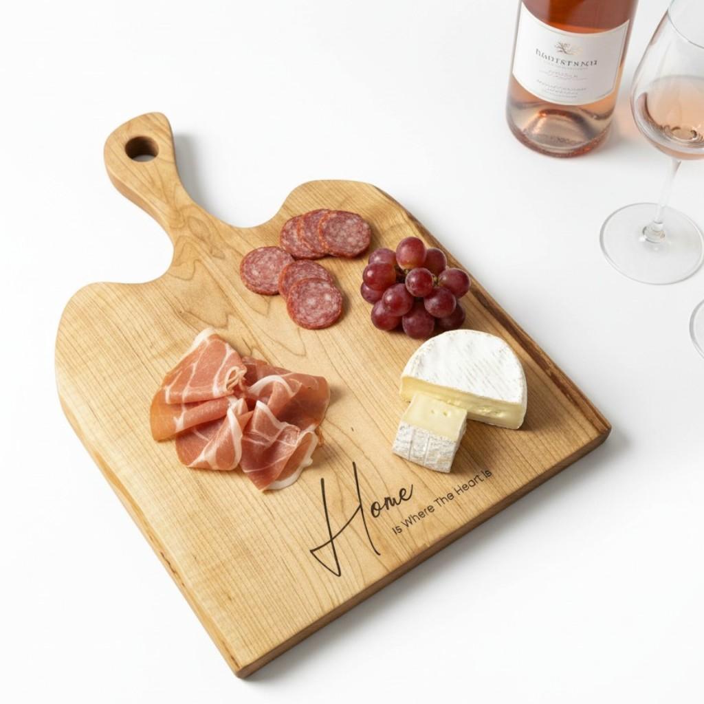 Personalized live edge maple cutting board with carved out handle. Styled with charcuterie, perfect for wedding and housewarming gift ideas