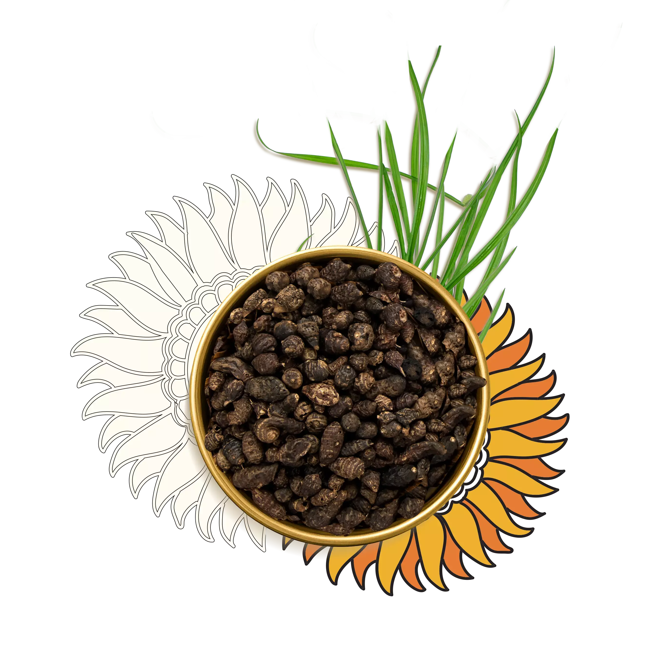 A bowl of nut grass surrounded by floral artworks