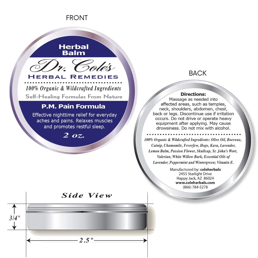Dr. Coles P.M. Pain Balm front, back and side viewsl