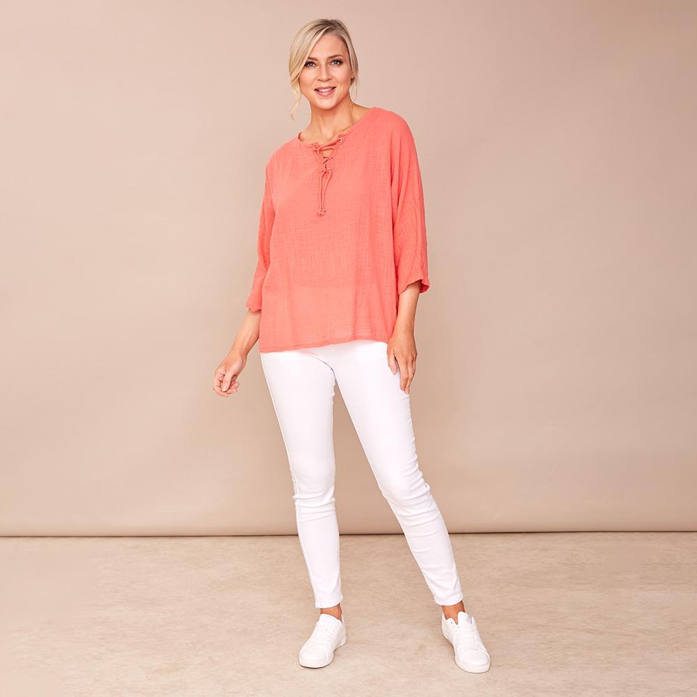 Donna Tie Lace Linen Top Coral