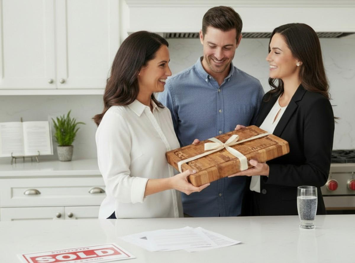 Realtor giving a personalized live edge walnut charcuterie board as a closing gift