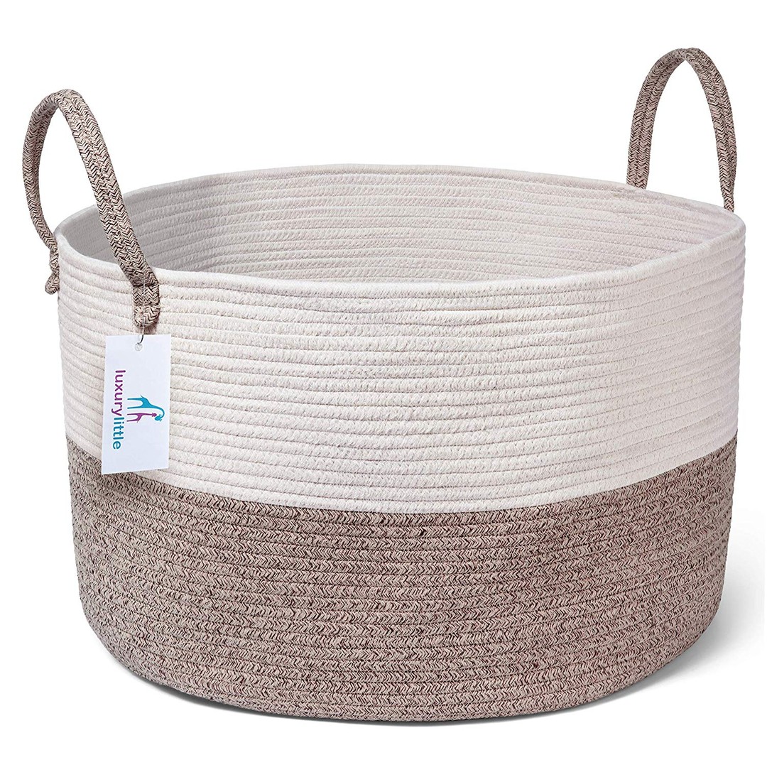 E-HOUPRO Storage Baskets Set of 4,Cotton Rope Woven Organizer Bins Foldable Decorative Basket with Handles for Baby Nursery Laundry Kid's Toy,Grey 