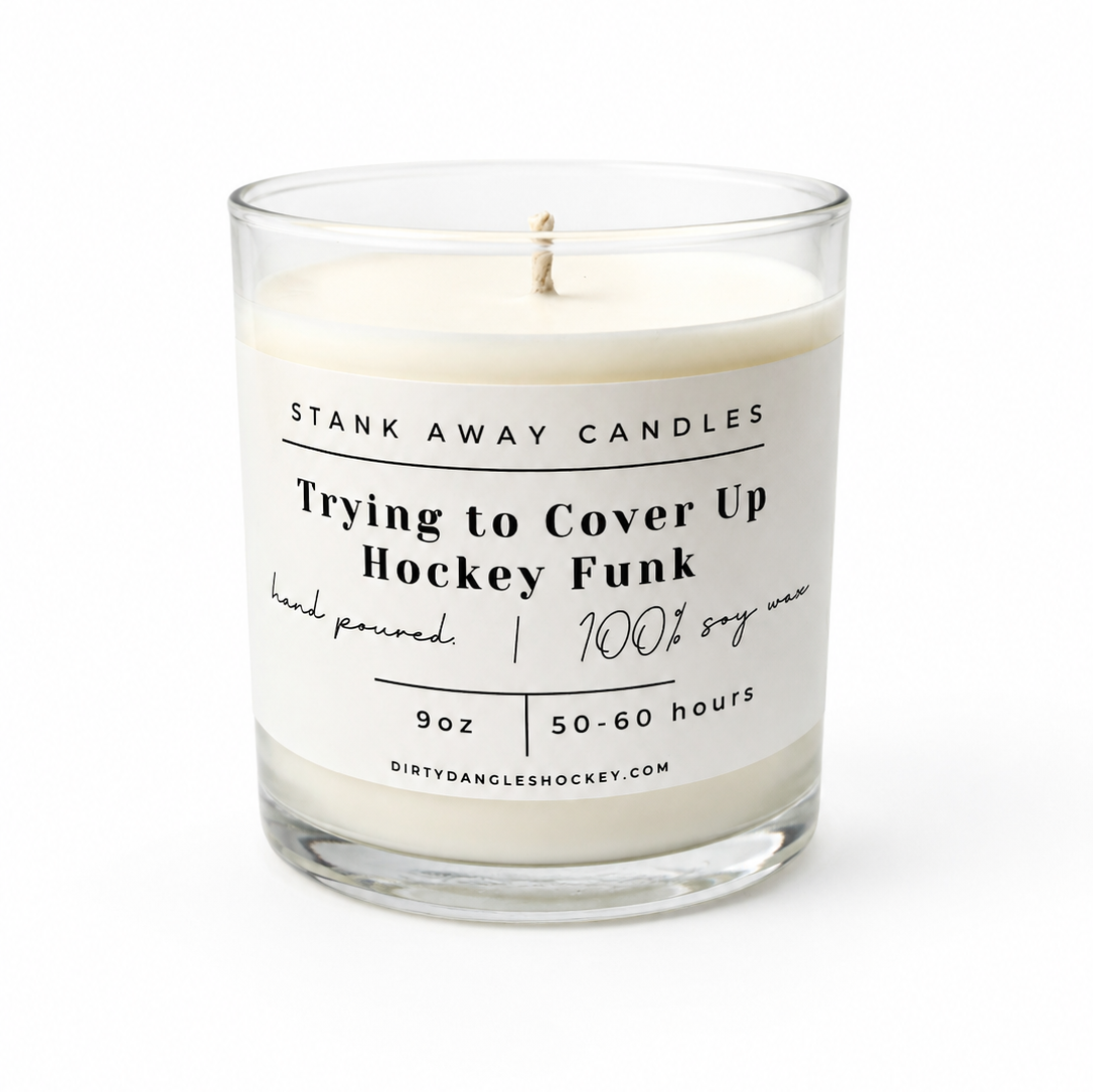A white scented hockey candle on a white background. Trying to cover up hockey funk