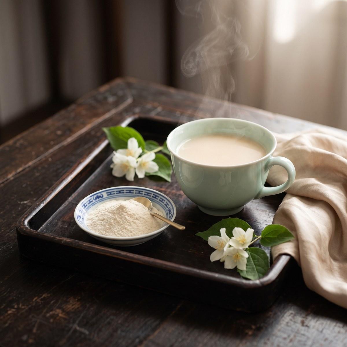 Celadon cup of tremella tea on a lacquer tray with white blossoms