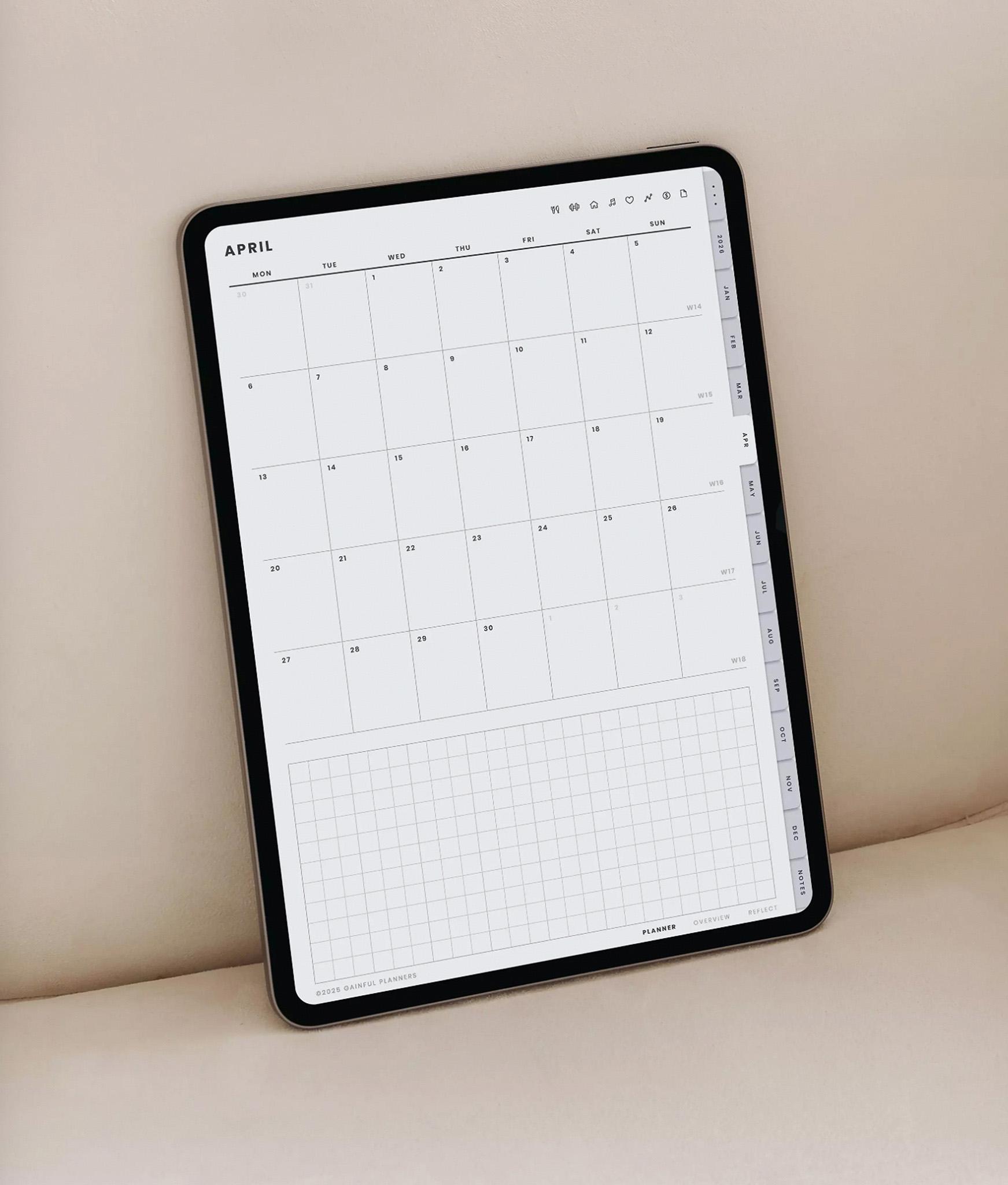 Monthly page from the digital planner shown on iPad