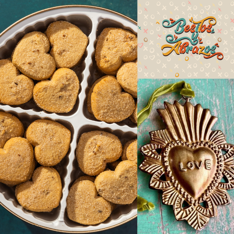 heart shaped cookies in tin on blue background