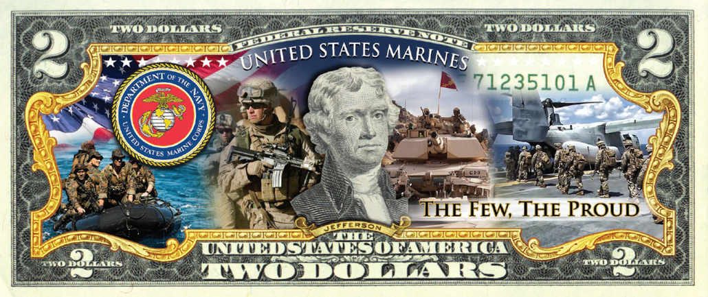 'U.S Marines' - Genuine Legal Tender U.S. $2 Bill