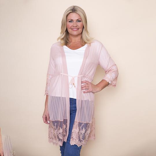 Embroidered Long Lace Cardi in Pink