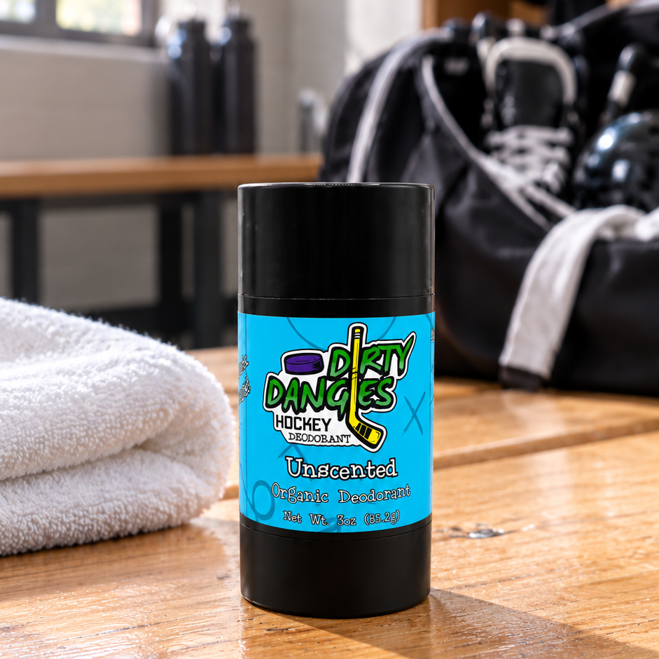 aluminum-free deodorant unscented on a wooden bench in a hockey locker room
