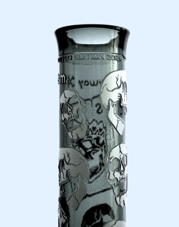 close-up product image of SKULLIANCE midnight mouthpiece, the Prism and Milkyway Glass collab bong