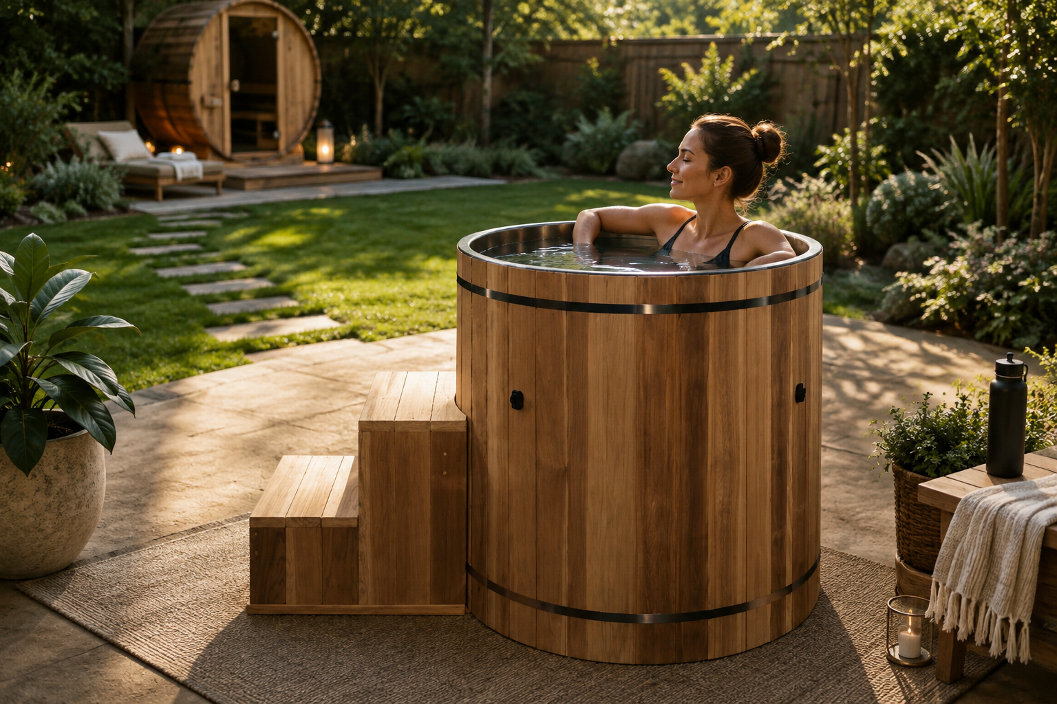 Woman relaxing in a wooden cold plunge tub in a backyard wellness space