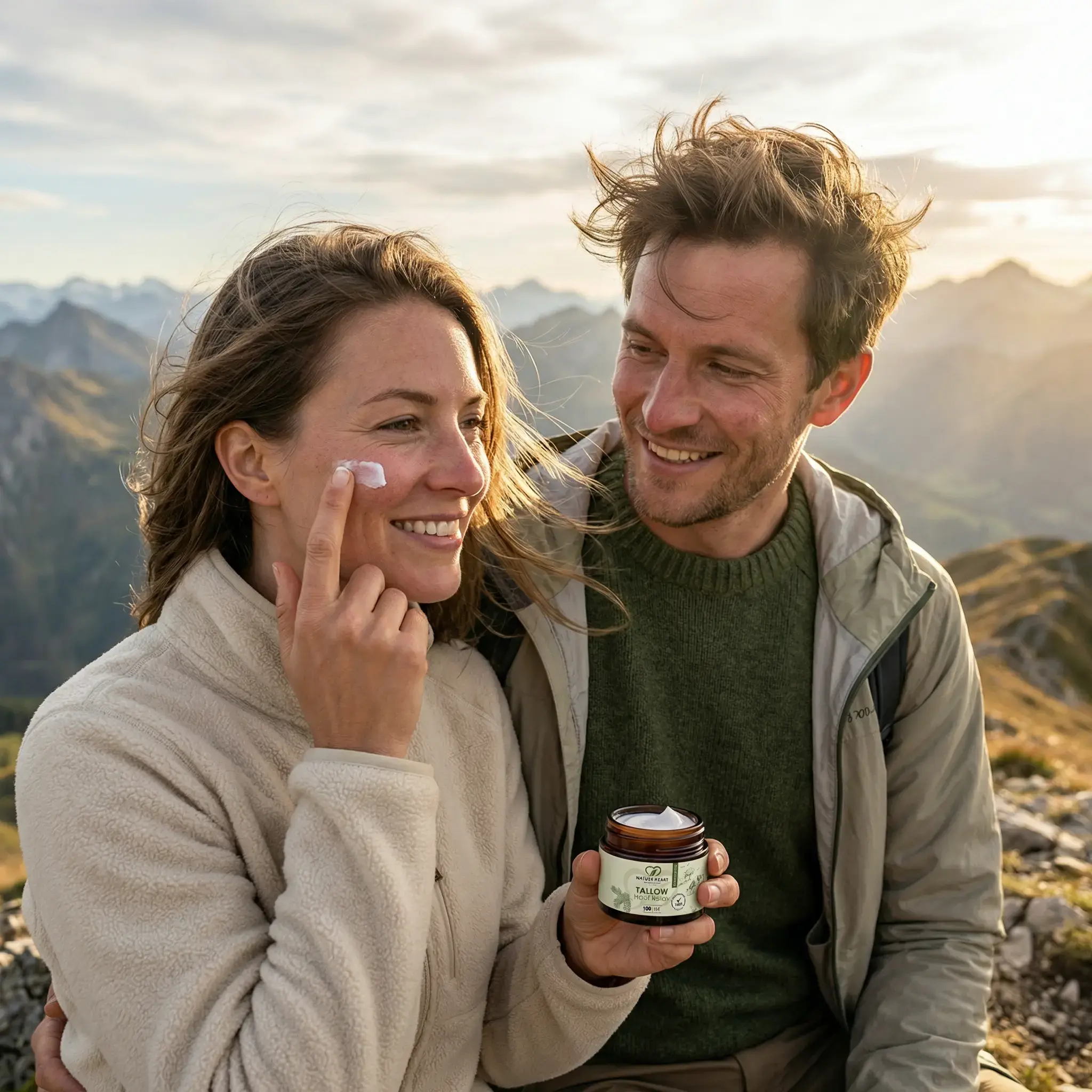 Lachendes Paar im Bergpanorama – Frau cremt sich die Wange mit Nature Heart Tallow Haut Relax ein, Mann hält den Tiegel