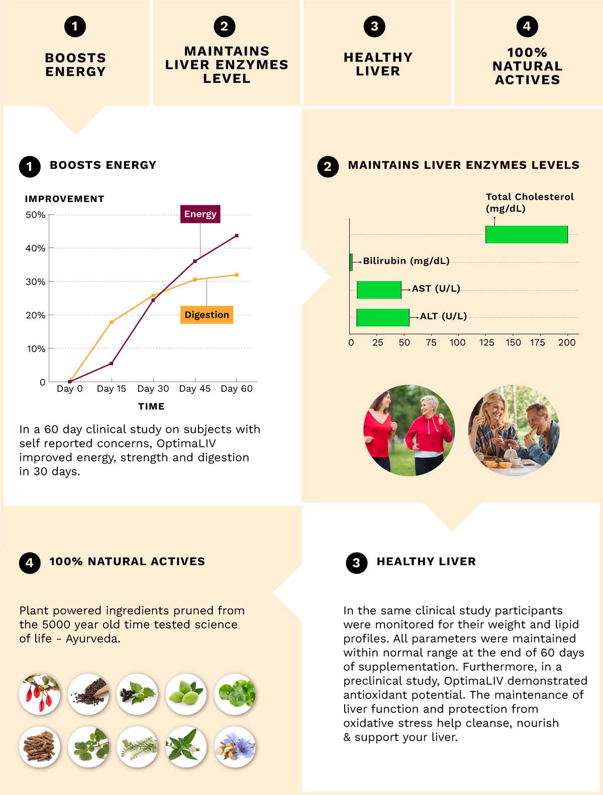 OptimaLIV boosts energy, helps maintain healthy liver enzyme levels, supports optimal liver function, and contains 100% natural active ingredients.