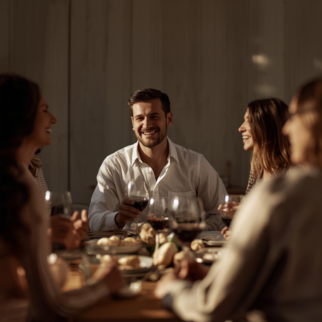 Friends enjoying dinner together around a warm, inviting table, sharing wine and laughter. The image captures the essence of hosting essentials at home - connection, conversation, and a relaxed atmosphere that makes guests feel welcome.