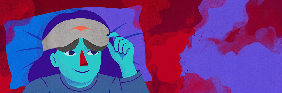 Woman waking rested with her Manta sleep mask pushed up, showing no dark circles from lack of sleep.