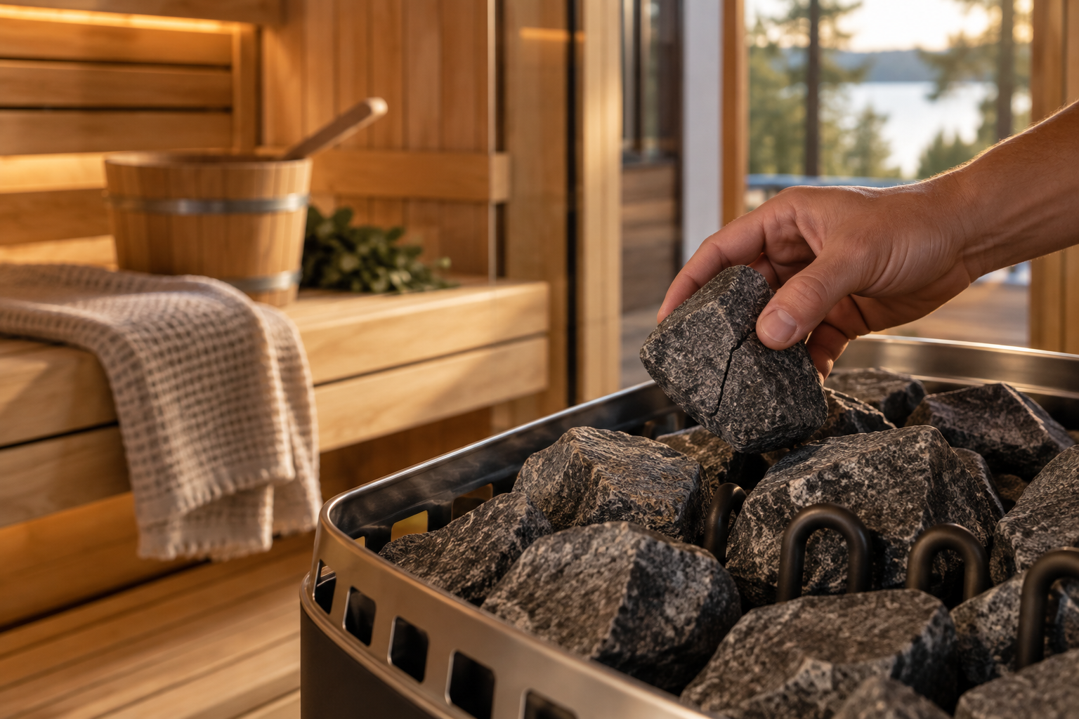 Hand inspecting sauna stones in an electric sauna heater