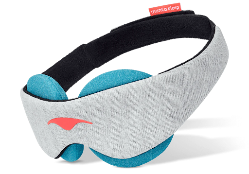 A gray sleep mask with blue cooling eye cups for comfortable summer sleep.