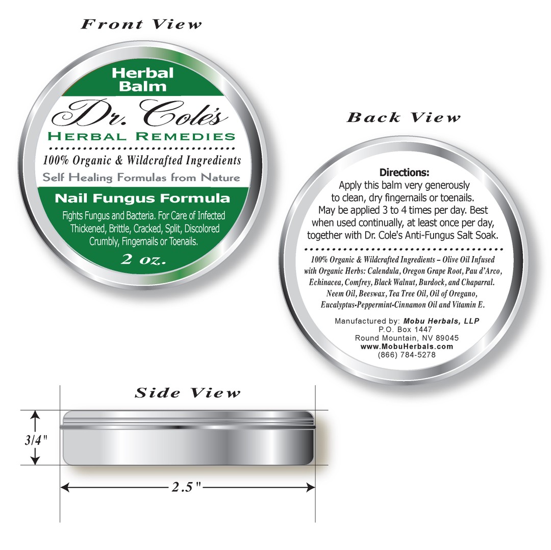 Dr. Coles Nail Fungus Balm front, back and side views.