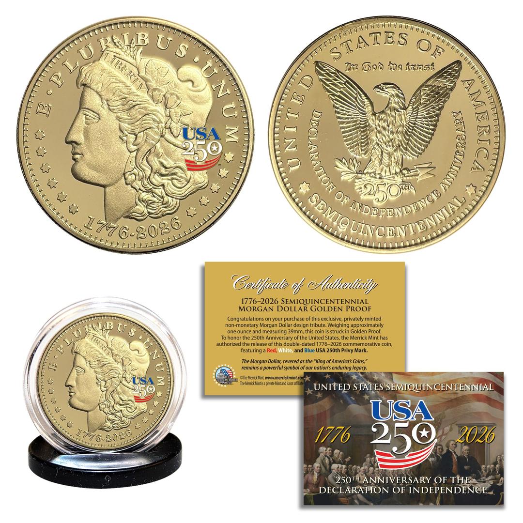 America's 250th Anniversary Morgan Dollar Golden Proof Coin, featuring a gold finish and detailed engravings on both sides.