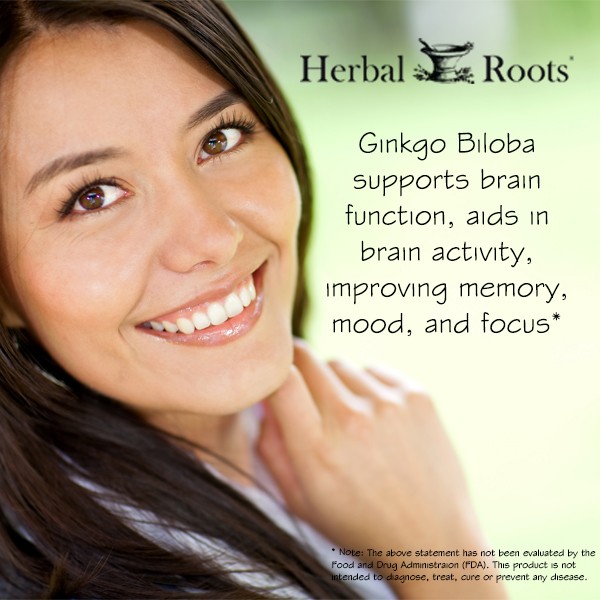 Pretty women looking at camera with the text - Herbal Roots. Ginkgo biloba supports brain function, aids in brain activity, improving memory, mood, and focus* Statement not evaluated by the FDA