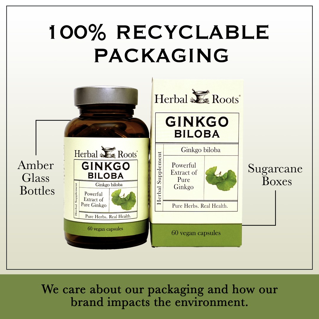 Bottle and box of Herbal Roots ginkgo boliba next to each other. Under the bottle and box says We care about our packaging and how our brand impacts the environment. There is a line coming from the left of the bottle that says Amber glass bottles. There is a line coming from the left of the box that says sugarcane boxes.
