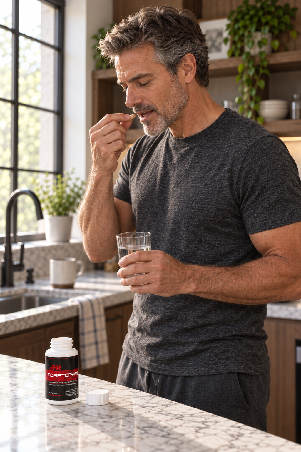 A lean, muscular man with arms crossed who uses Adaptophen to increase muscle and boost testosterone