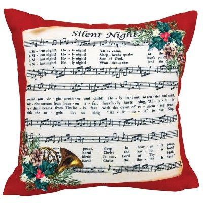 Silent Night pillow with sheet music of the Silent Night carol on a red background