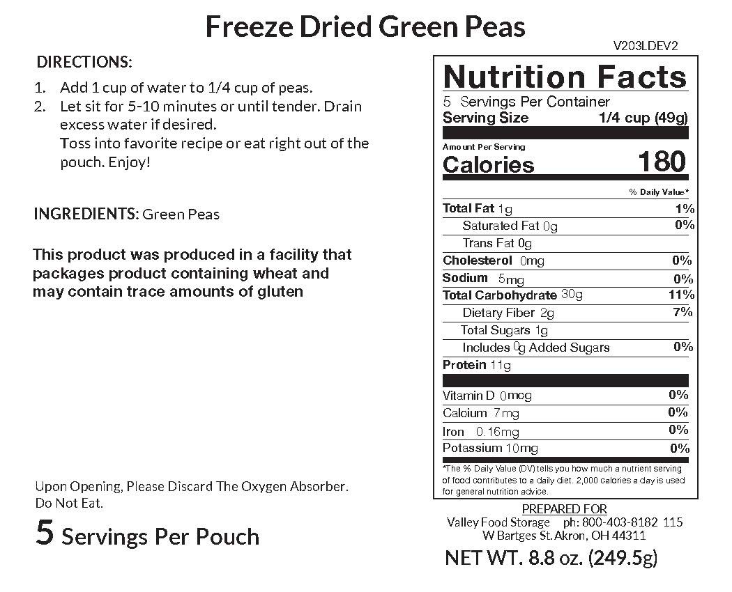 Valley Food Storage Freeze-Dried Green Peas Long Term Food Storage Nutrition Label