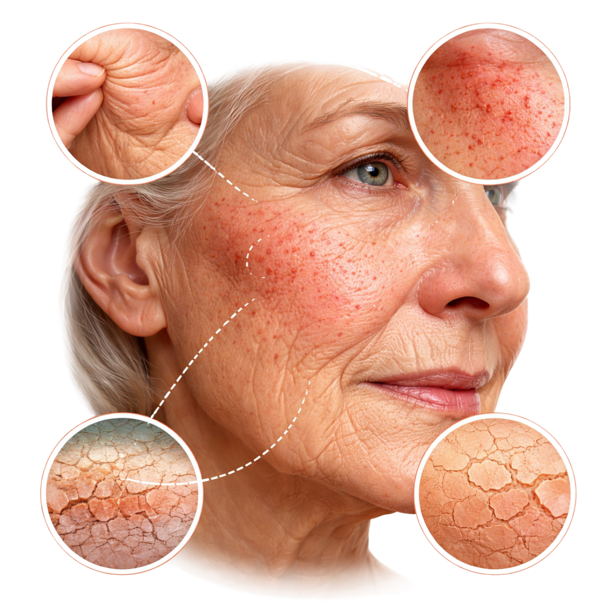Close-up of older woman’s skin showing dryness, redness, fine lines, and flaking patches