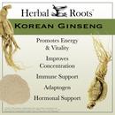 Ginseng roots and powder. Text says Korean Ginseng- Promotes Energy and Vitality, Improves Concentration, Immune Support, Adaptogen, Hormonal Support