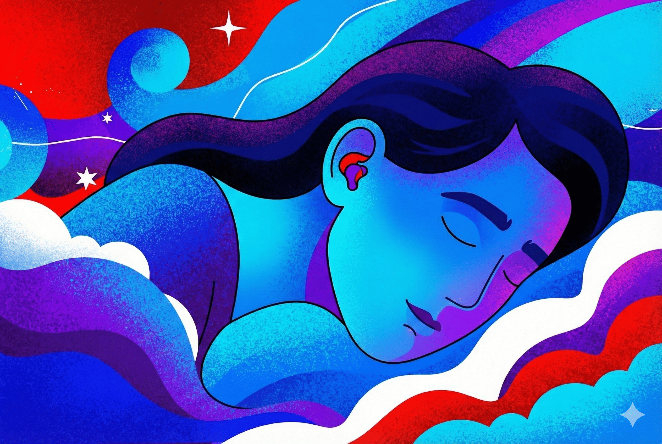 A woman with her eyes closed, wearing sleeping earplugs.