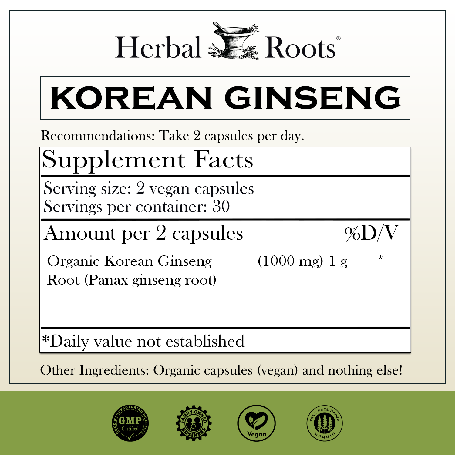 Supplement facts for Herbal Roots Korean Ginseng