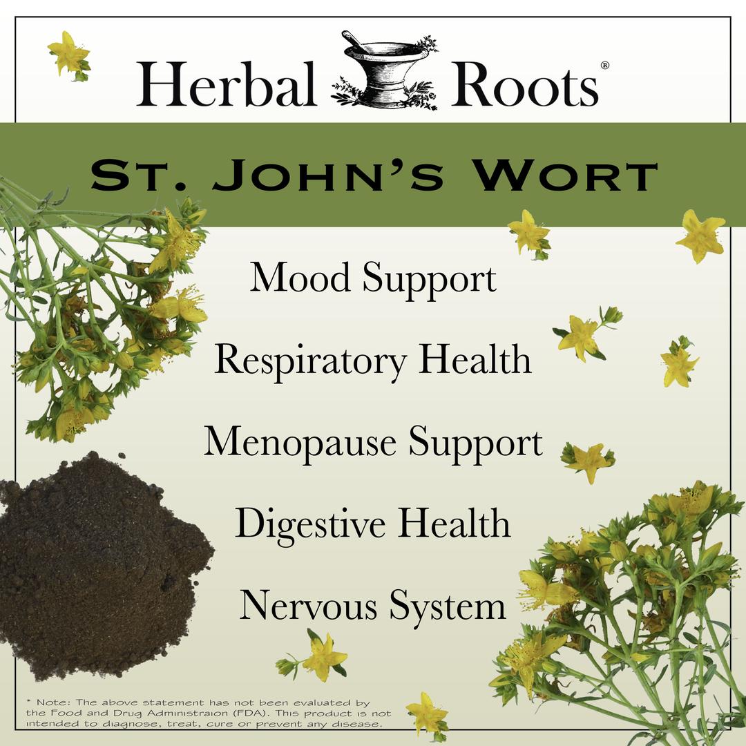 St John's wort flowers and a pile of powder. Herbal Roots logo and text that says "St John's Wort - Mood Support, Respiratory Health, Menopause Support, Digestive Health, Nervous System"