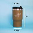 A green dirty dangles rink ready tumbler on a blue background with it's dimensions. 6in tall, 3 1/8in at the top and 2 3/4in at the bottom