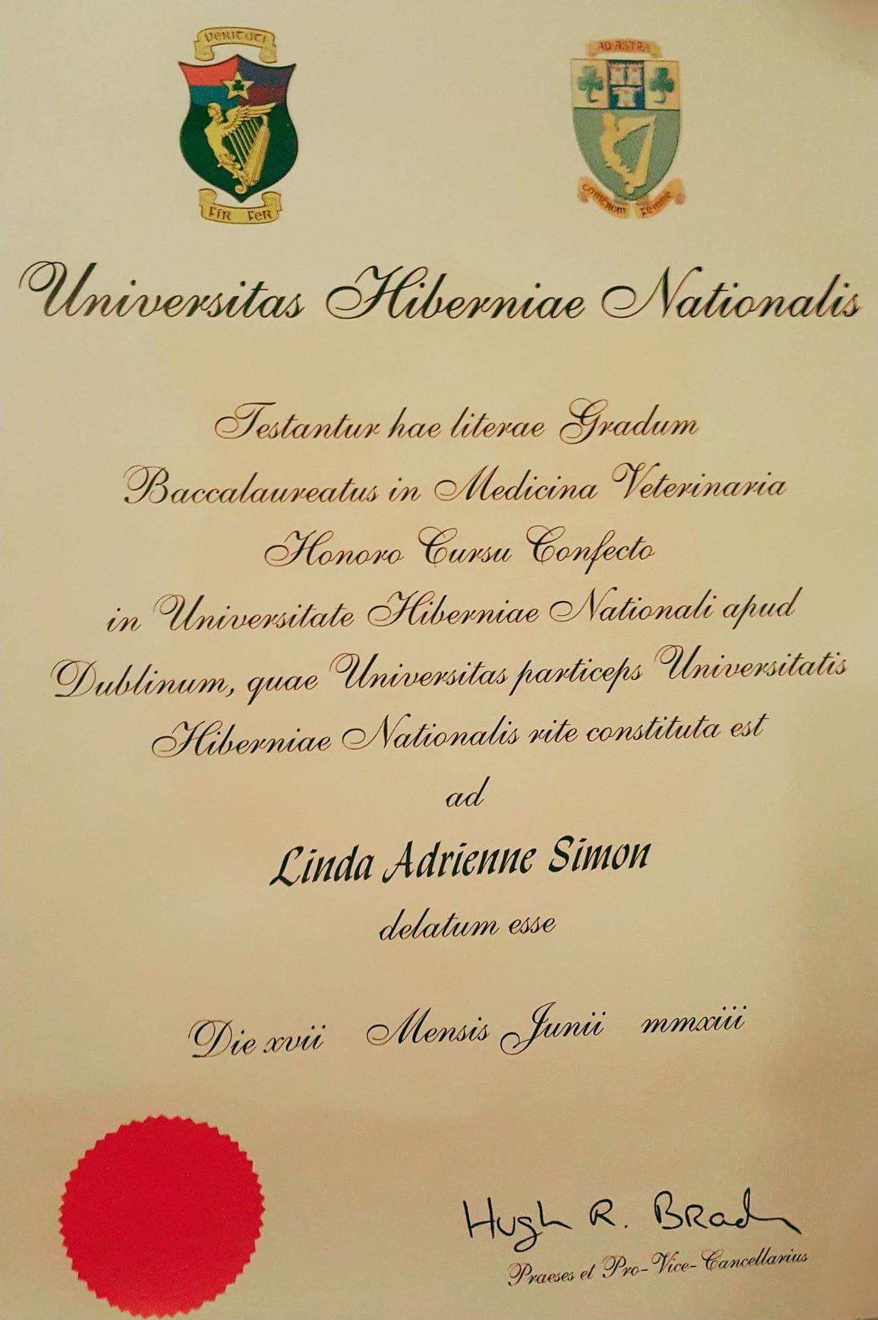 Dr Linda Simon's University College Dublin Certificate for Bachelor of Veterinary Medicine Degree