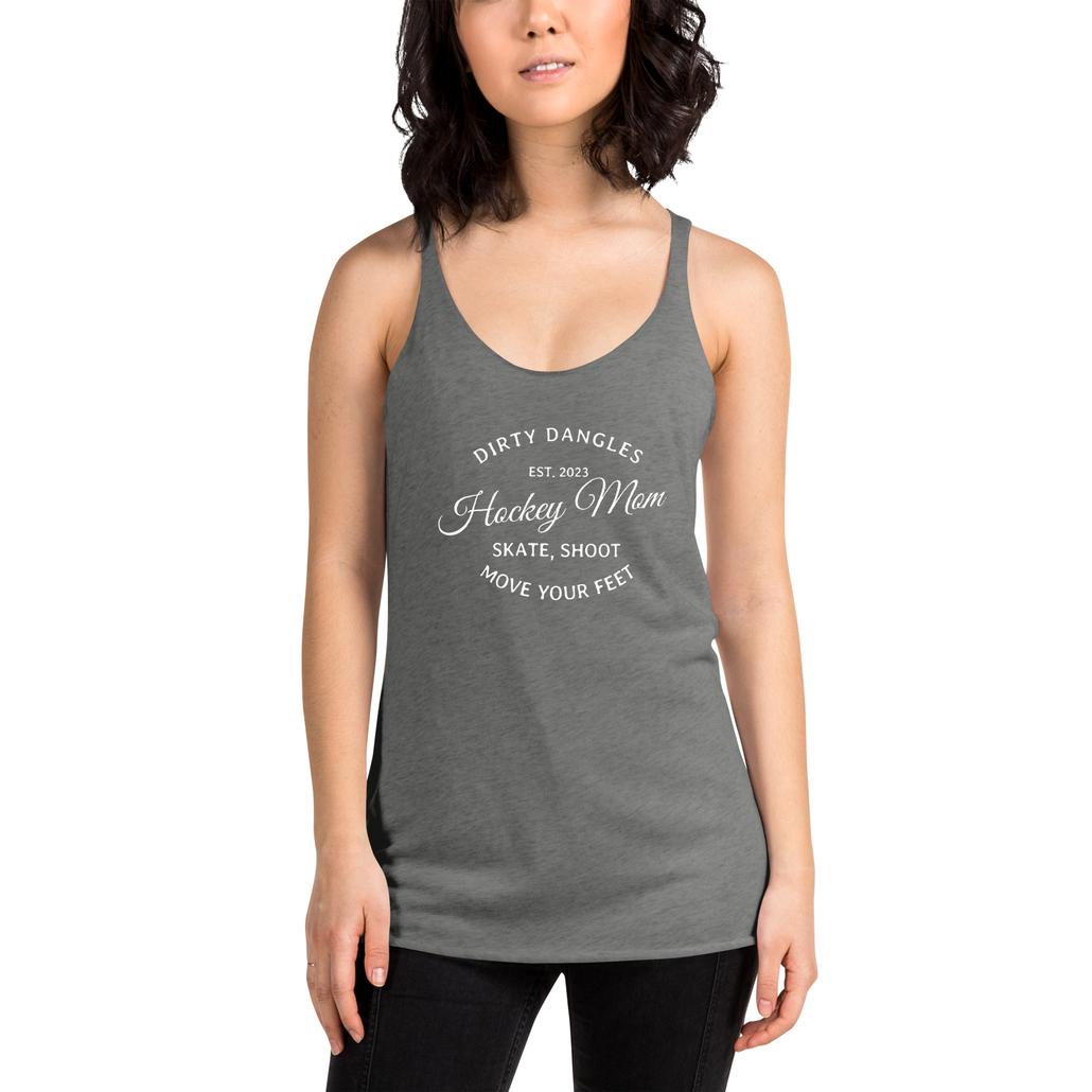 A hockey mom in a gray racerback tank top. Dirty Dangles Hockey Mom