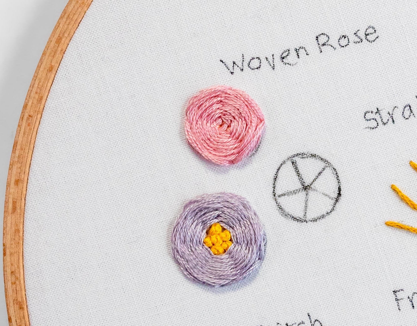 Woven Roses lie around the rest of the embroidery stitches in an embroidery sampler..