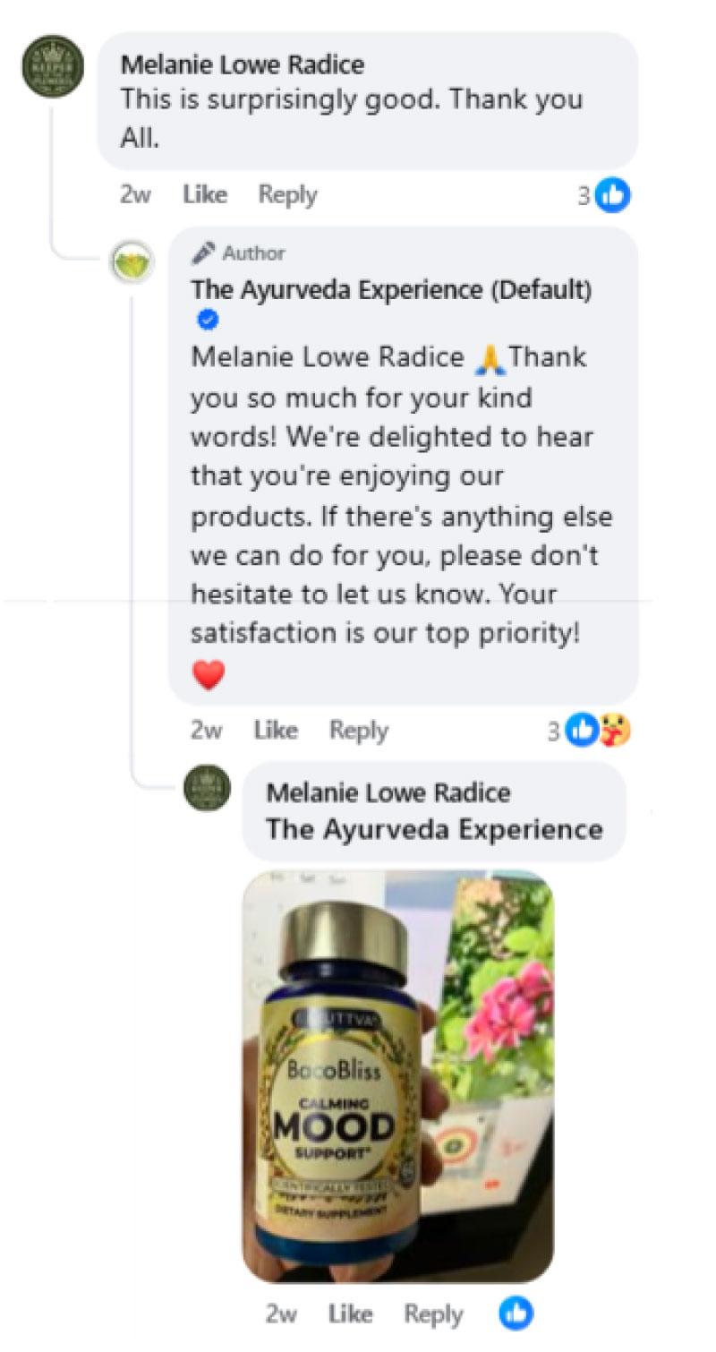 Facebook comment thread where a user, Melanie Lowe Radice, praises BacoBliss saying, “This is surprisingly good. Thank you All.” The Ayurveda Experience replies with gratitude and assurance of customer satisfaction. Melanie follows up by posting a photo of the supplement bottle.