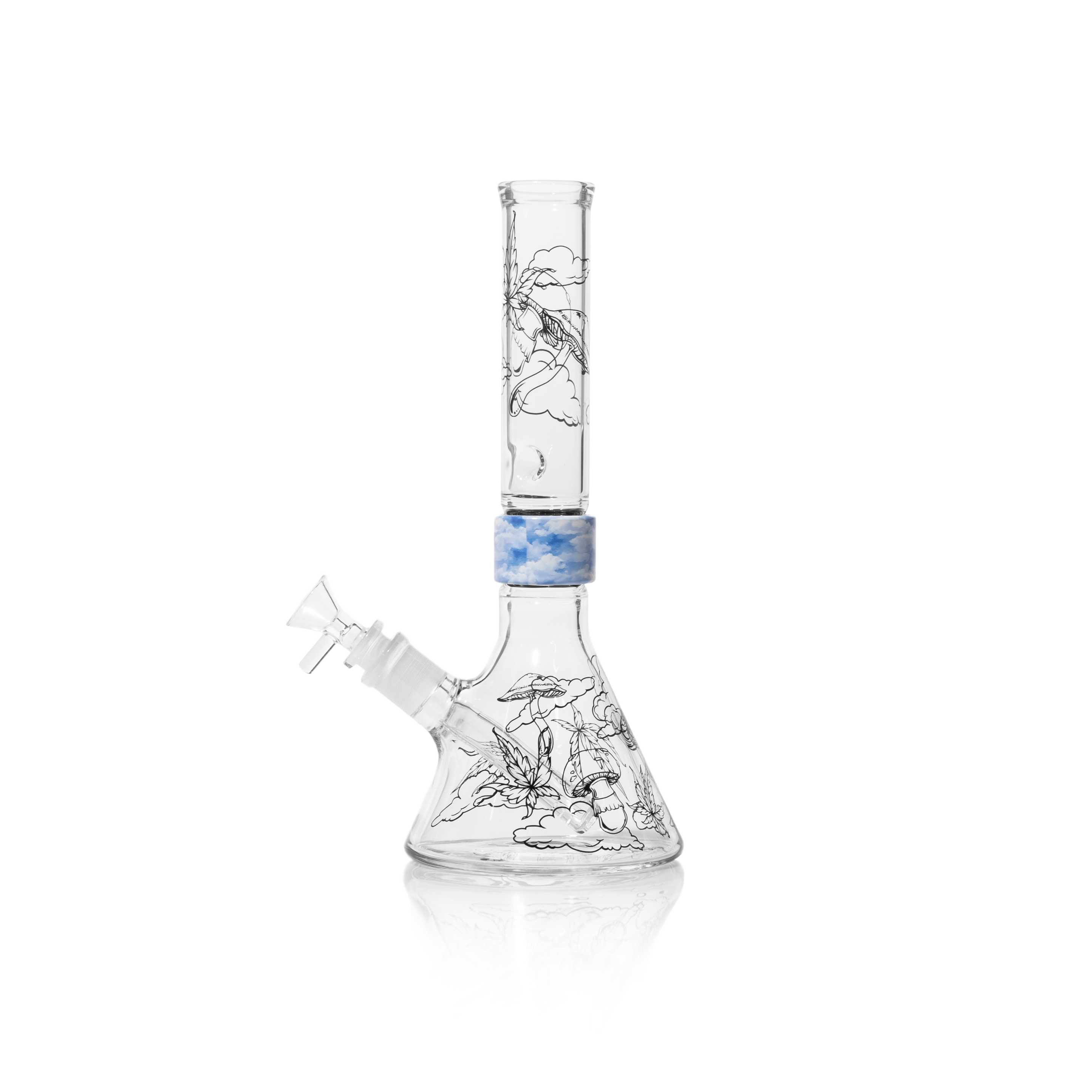 image of A clear Prism mini beaker with a mushroom and cloud decal and a cloud design halo connector