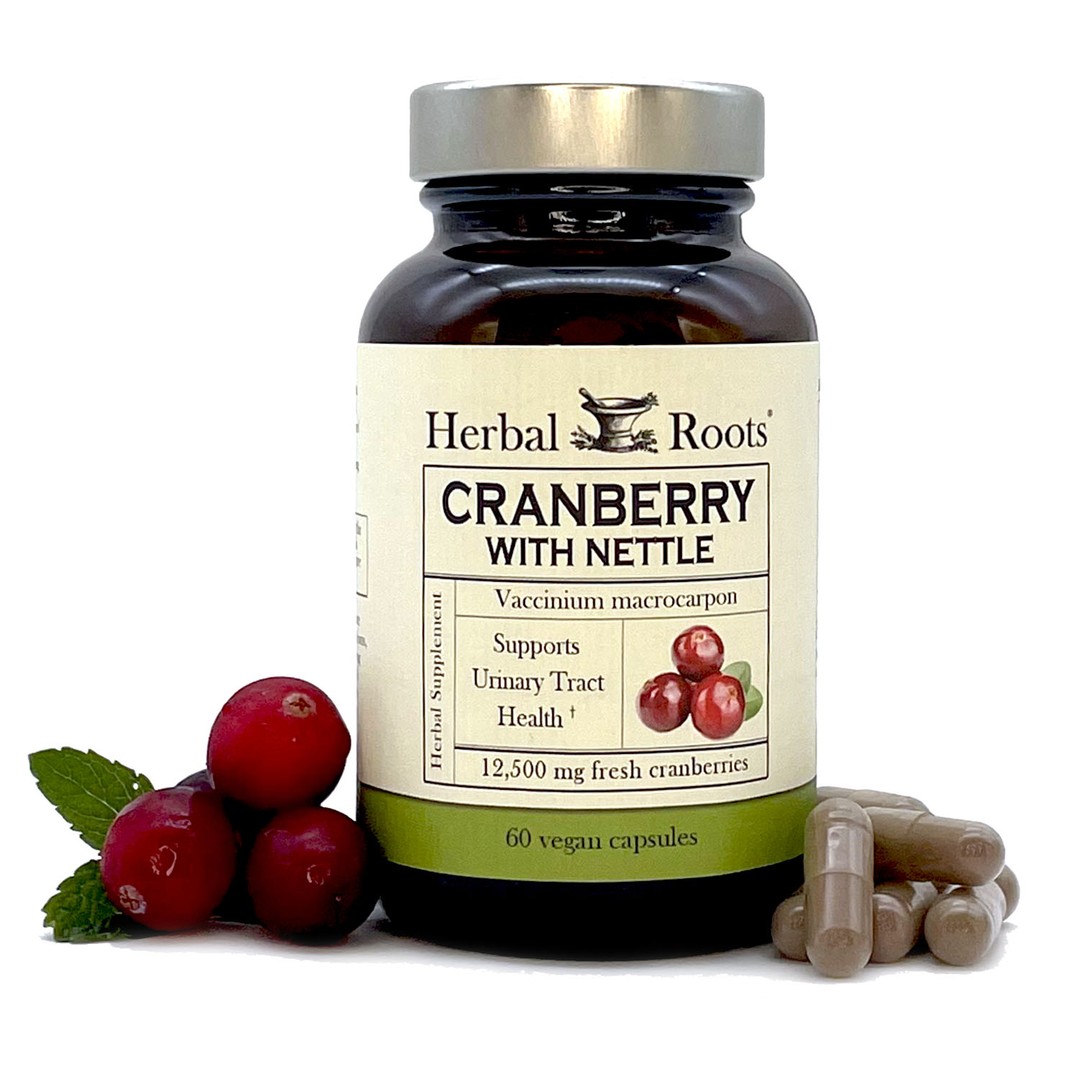 Bottle of Herbal Roots Cranberry with Nettle with capsules on the right and three fresh cranberries on the left of the bottle