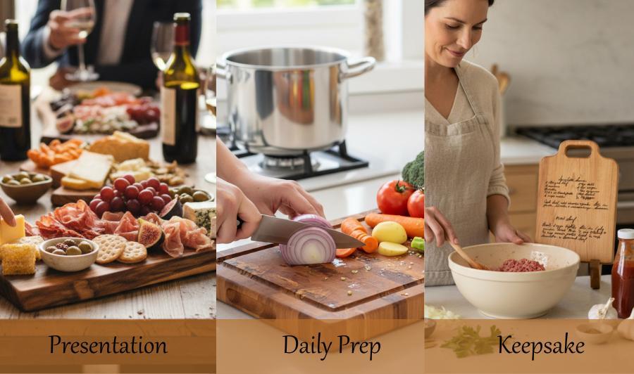 Personalized hardwood serving and cutting boards in real kitchen settings showing charcuterie presentation, daily meal prep, and engraved keepsake display