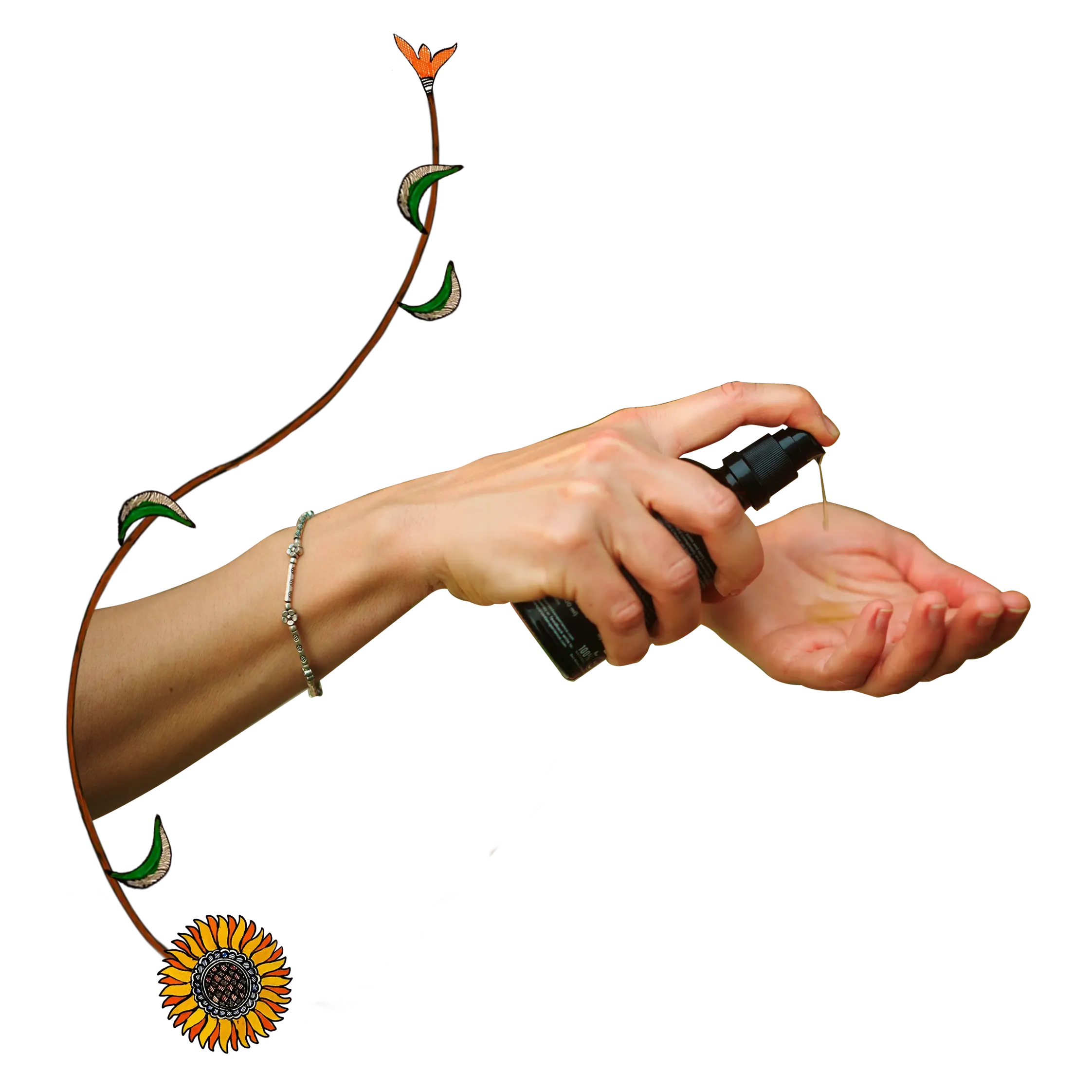 An aesthetic composition of a woman's hands using Balaayah surrounded by floral artwork