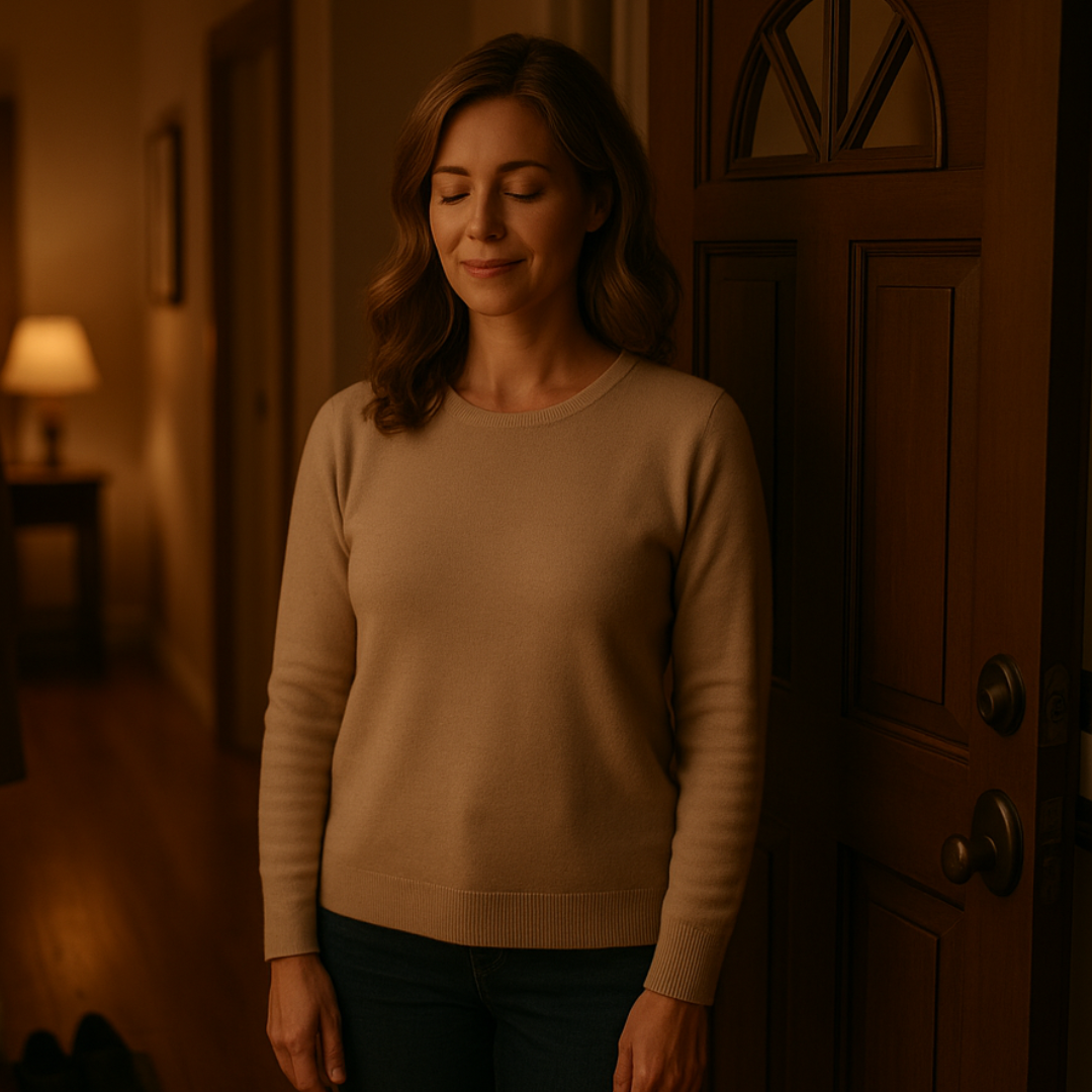 A calm woman in her mid-30s stands at her front door in warm, cozy lighting, taking a quiet moment to breathe and reset before hosting guests, capturing the heart of stress free dinner hosting ideas.